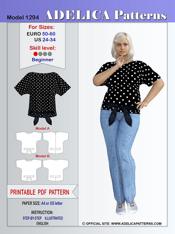 Adelica pattern 1527 Plus size tunic Sewing pattern PDF (printable). For  Height about 5'6 to 5'8 (168-172 cm).