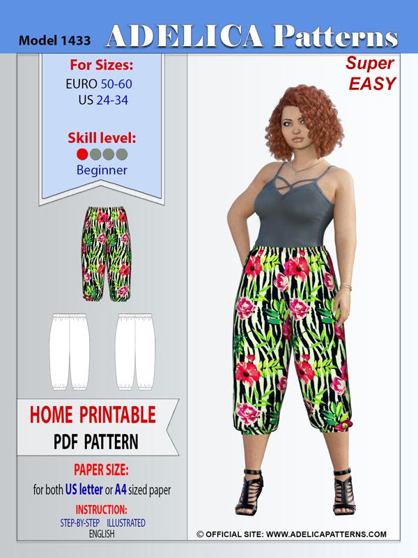 Adelica pattern 1433 Plus size Capri Pants Sewing Pattern PDF (printable)