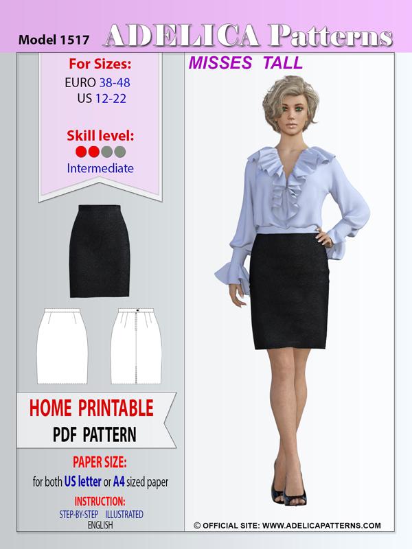Adelica pattern 1517 Plus size skirt sewing pattern PDF (printable). For  Height about 5'6 to 5'8 (168-172 cm).