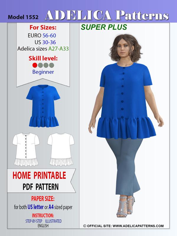 Super Plus size Blouse-Tunic sewing pattern PDF 1552 by Adelica patterns