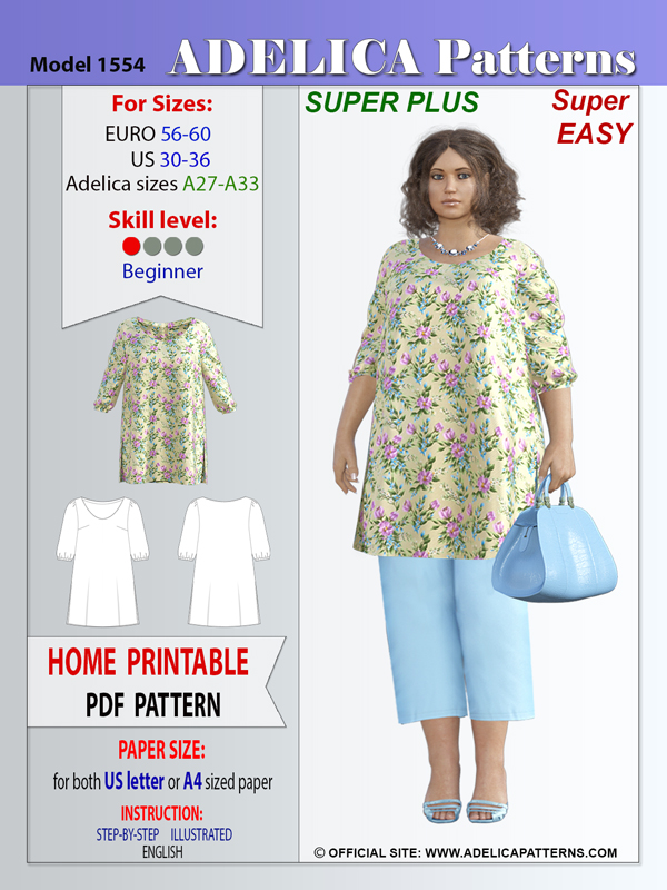 Adelica pattern 1554 Super Plus size Tunic sewing pattern Adelica pattern 1554 Super Plus size Tunic sewing pattern