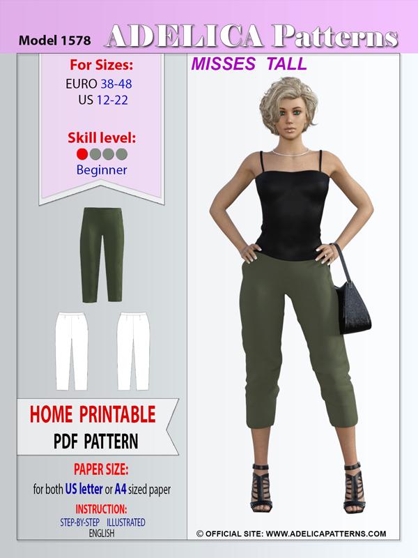 Adelica pattern 1578 Capri Pants Sewing Pattern PDF for sizes 12-22 US /  38-48 EURO