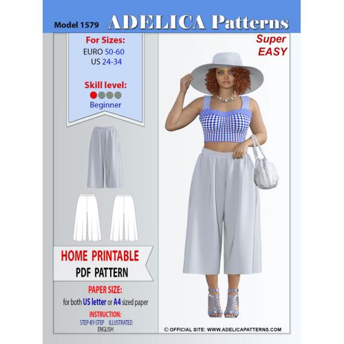 Plus size Cropped Pants sewing pattern 1703 by Adelica Patterns PDF