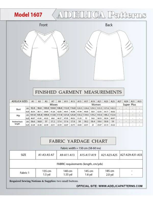 Adelica pattern 1607 Misses Tunic Sewing pattern