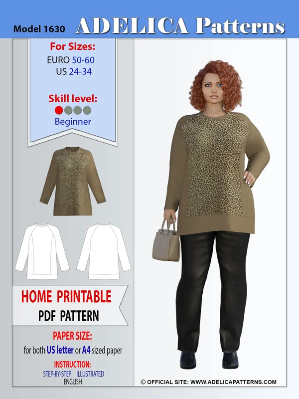 Plus size Tunic Sweatshirt sewing pattern PDF 1630 by Adelica patterns