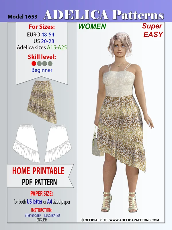 Adelica pattern 1653 Plus size Sewing Pattern Ruffled Asymmetrical skirt PDF