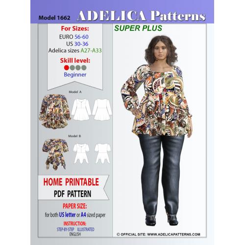 Adelica pattern 1662 Top Tunic Super Plus size sewing pattern PDF