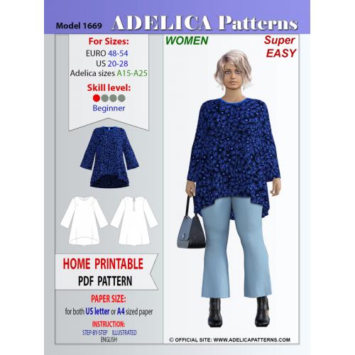 Adelica pattern 1527 Plus size tunic Sewing pattern PDF (printable). For  Height about 5'6 to 5'8 (168-172 cm).
