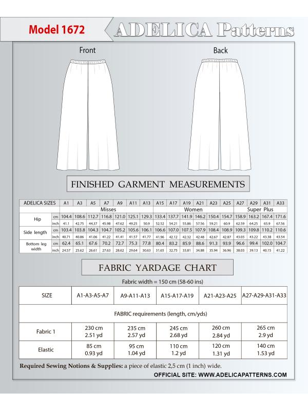 Adelica pattern 1672 Plus size Pants Sewing pattern PDF