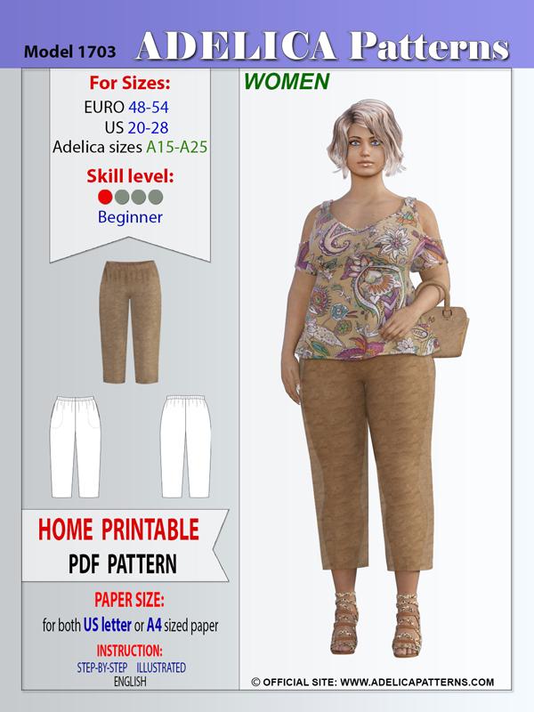 Plus size Cropped Pants sewing pattern 1703 by Adelica Patterns PDF