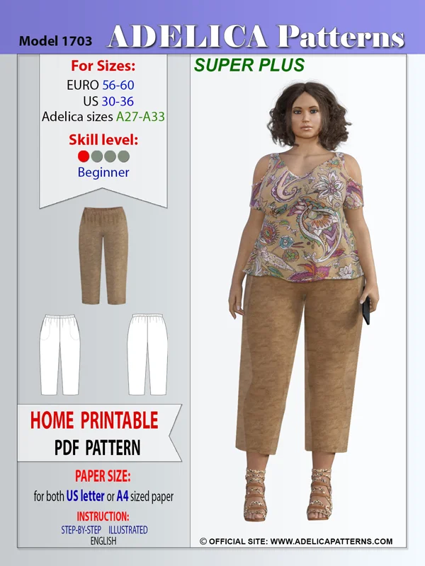 Super Plus size Cropped Pants sewing pattern 1703 by Adelica Patterns PDF