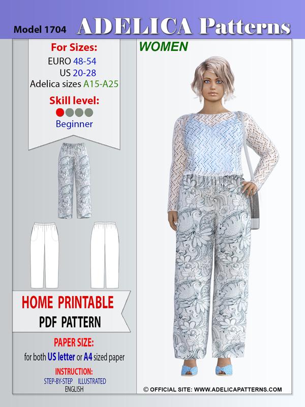 Plus size Pants sewing pattern 1704 by Adelica Patterns PDF