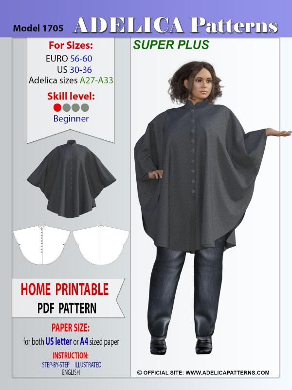 Super Plus size Cape Coat sewing pattern 1705 by PDF