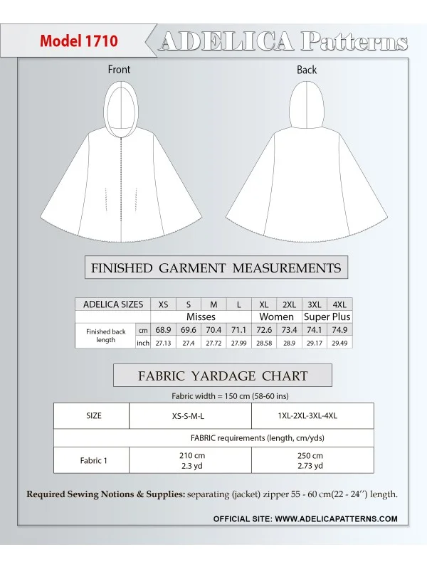 Adelica pattern 1710 Plus size Poncho Cape Sewing pattern Adelica pattern 1710 Plus size Poncho Cape Sewing pattern