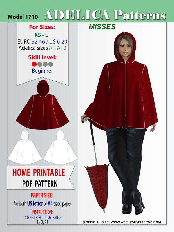 mens Lege med kronblad Hooded Poncho Cape sewing pattern 1710 by Adelica Patterns PDF