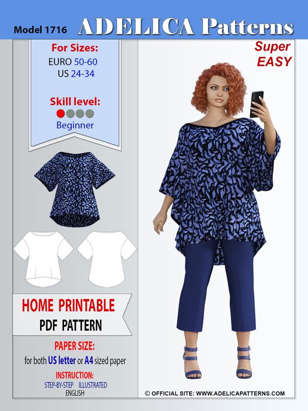 Plus size Relaxed fit Tunic sewing pattern 1716 by Adelica Patterns